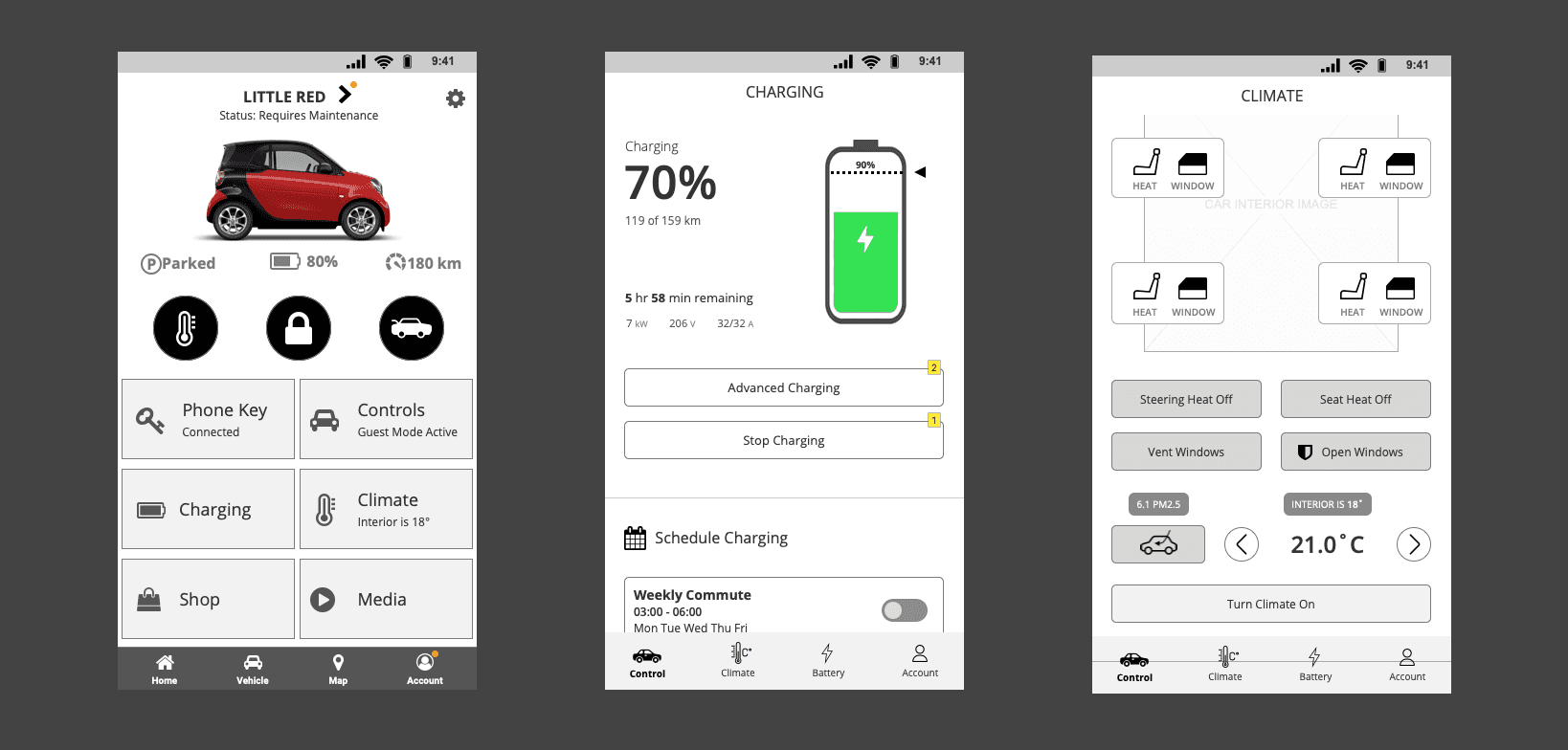 Three smart app mobile wireframes showing home, charging, and climate control concepts.