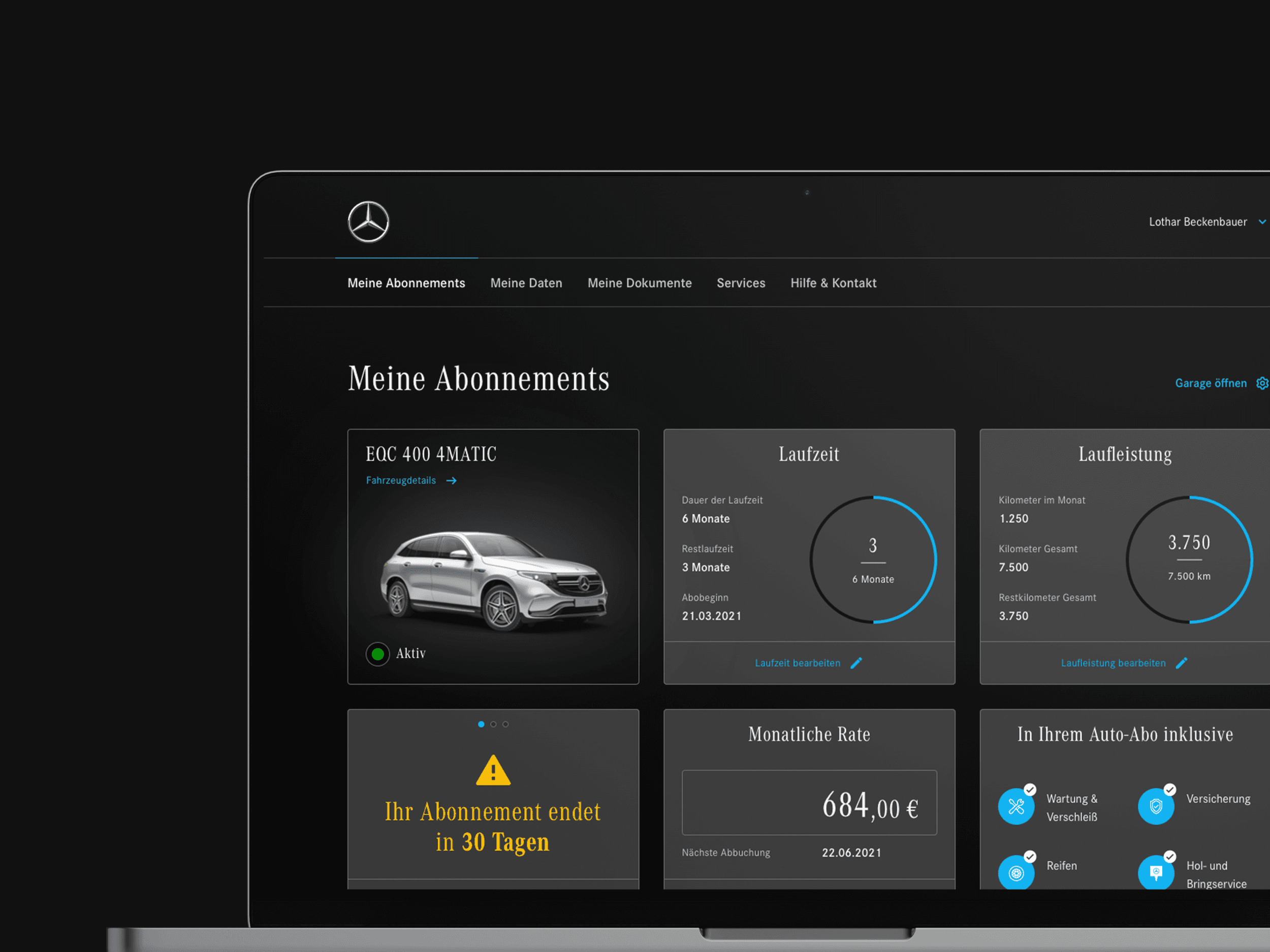 Full-width closing mockup showing the Daimler subscription lifecycle dashboard concept.