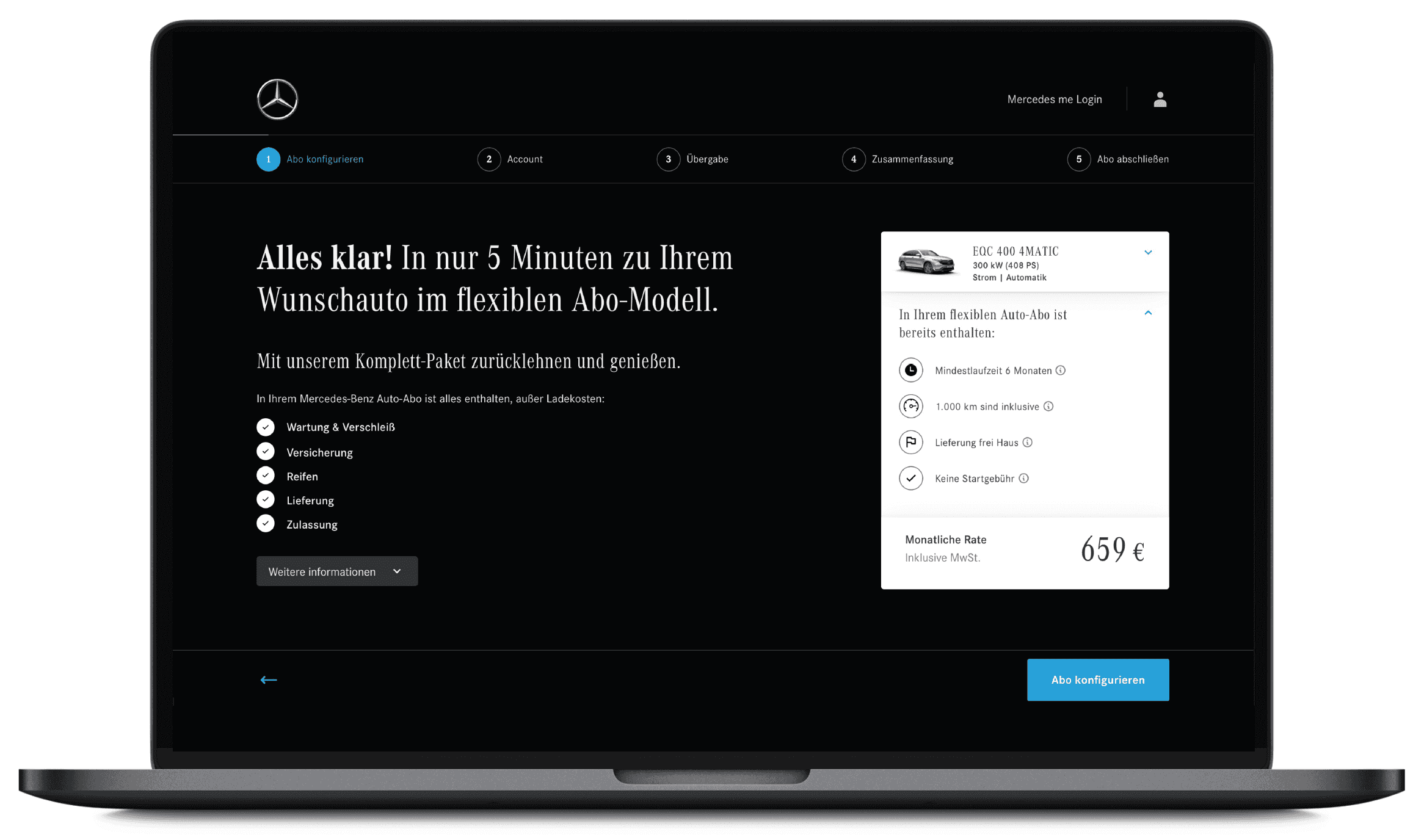 Subscription concept screen showing included services, price summary, five-step progression, and a clear call to configure the subscription.