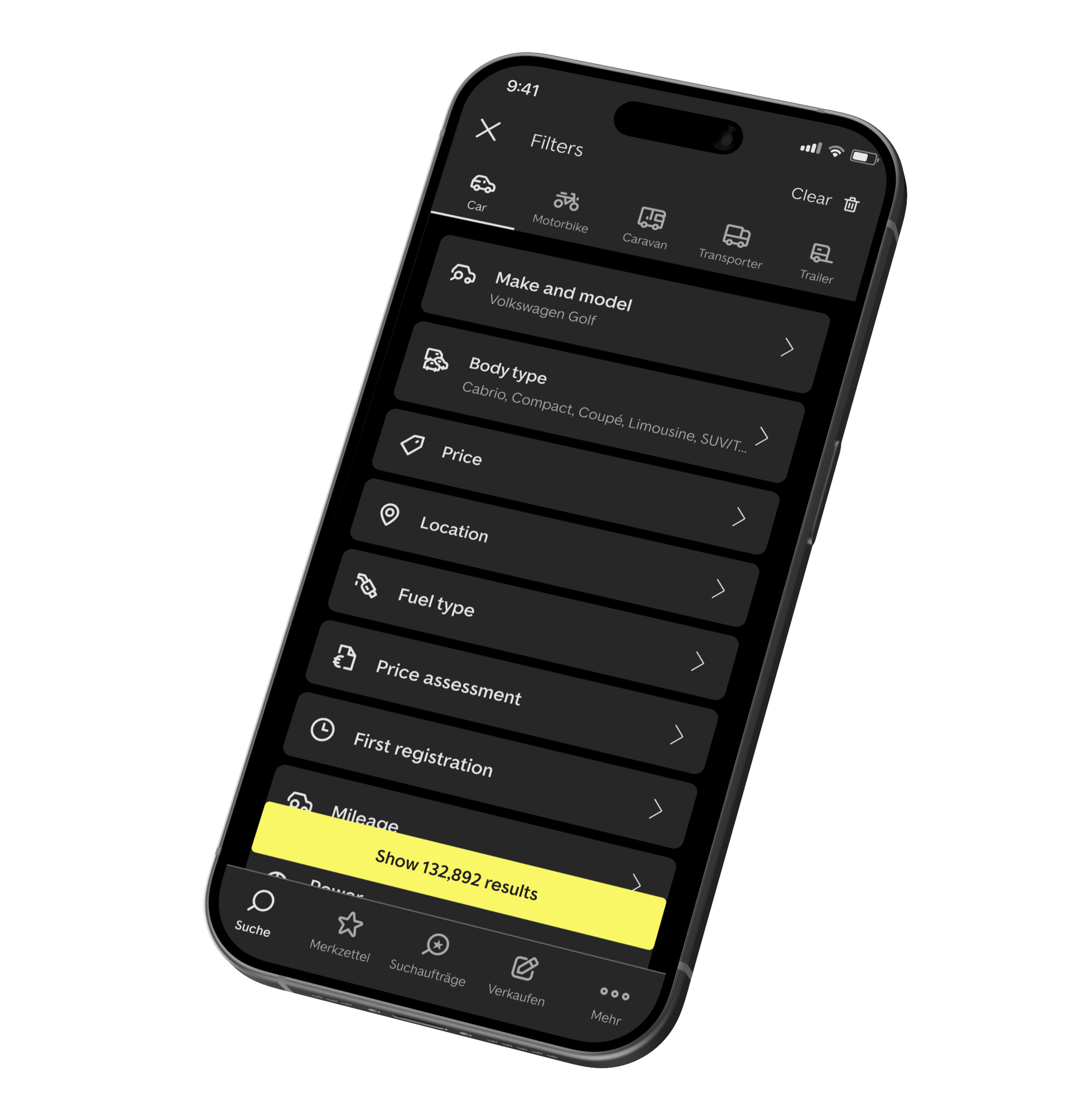 Dark app mockup used as the closing visual for the New Search case study.
