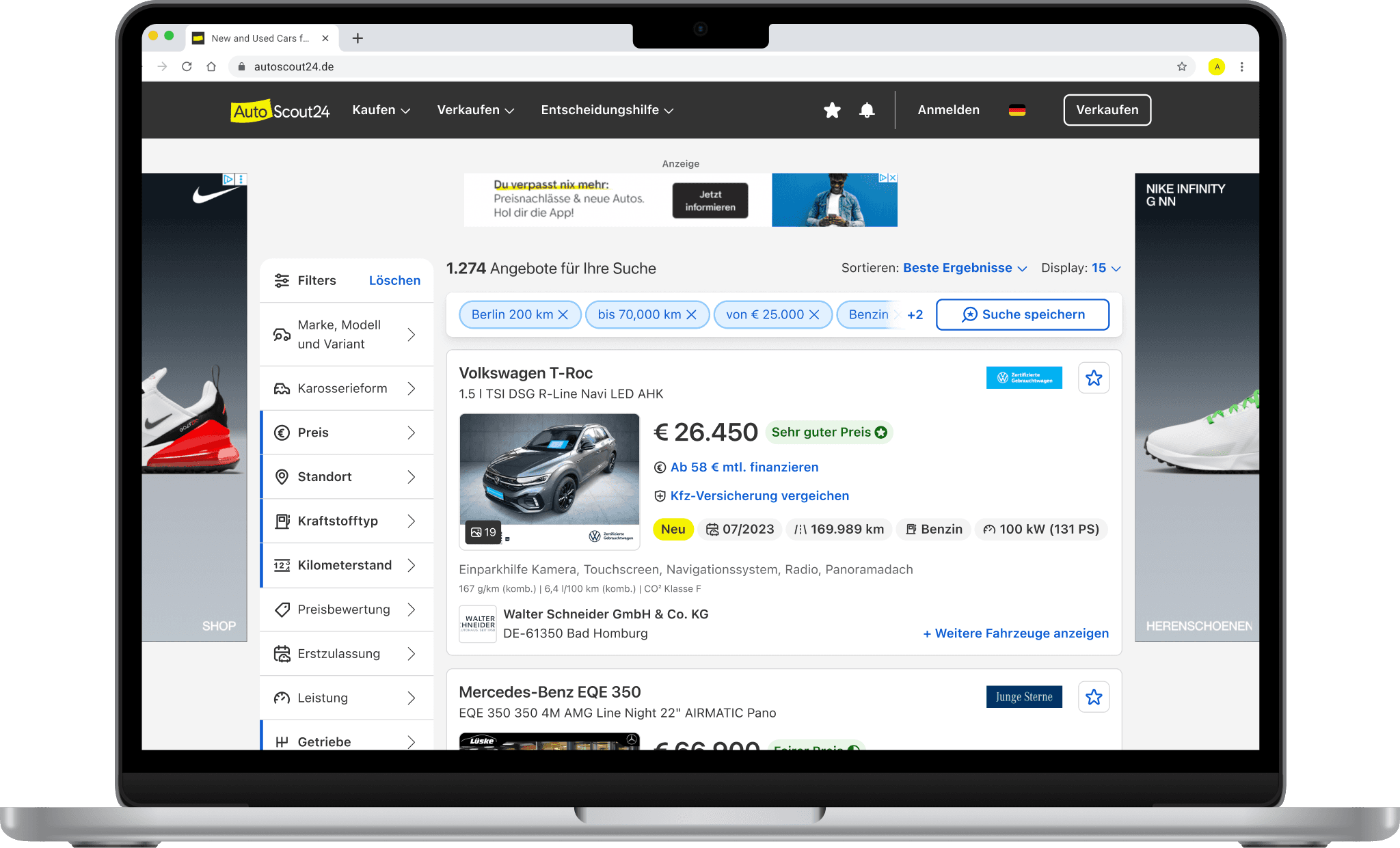 Forward-facing MacBook mockup showing the decluttered AutoScout24 desktop list page.