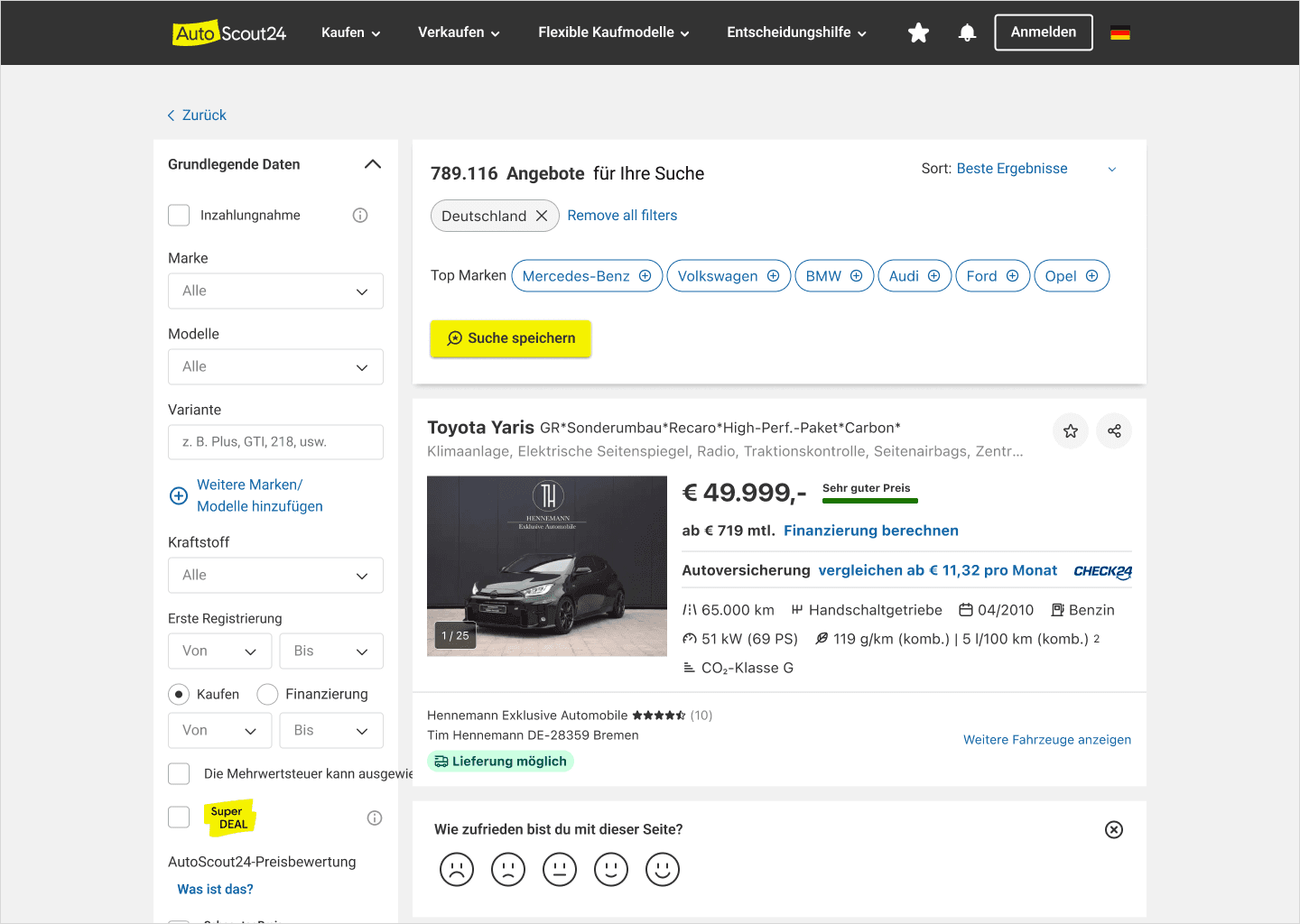 Desktop results page before the New Search reset, with a longer filter rail and weaker visual hierarchy.