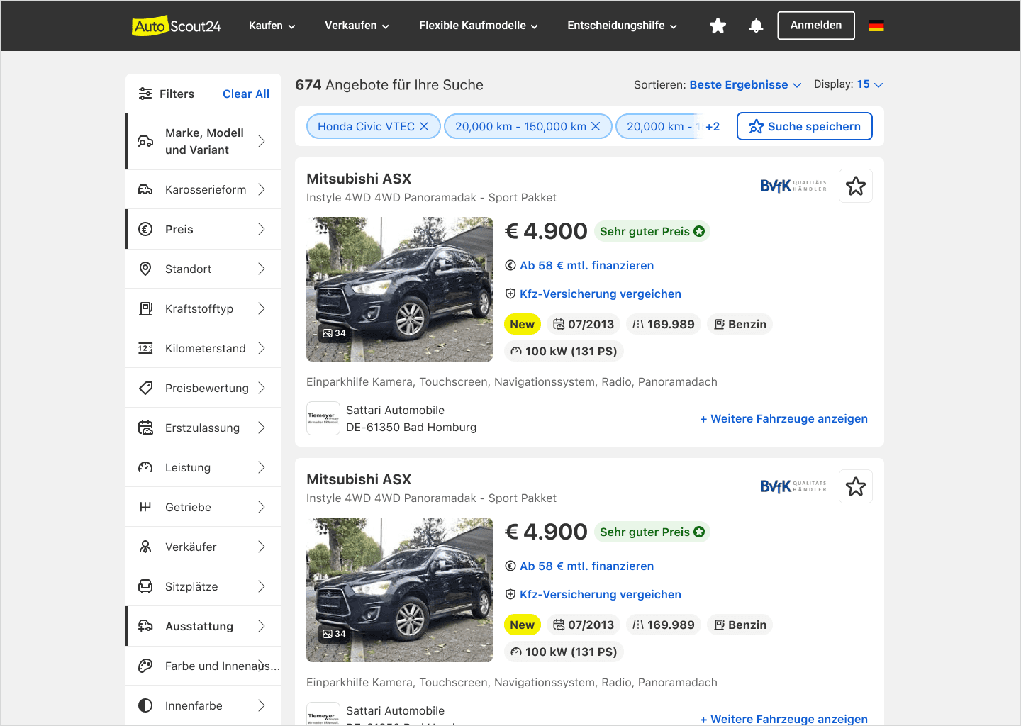 Desktop results page after the New Search reset, with a clearer filter model and stronger applied-state control.