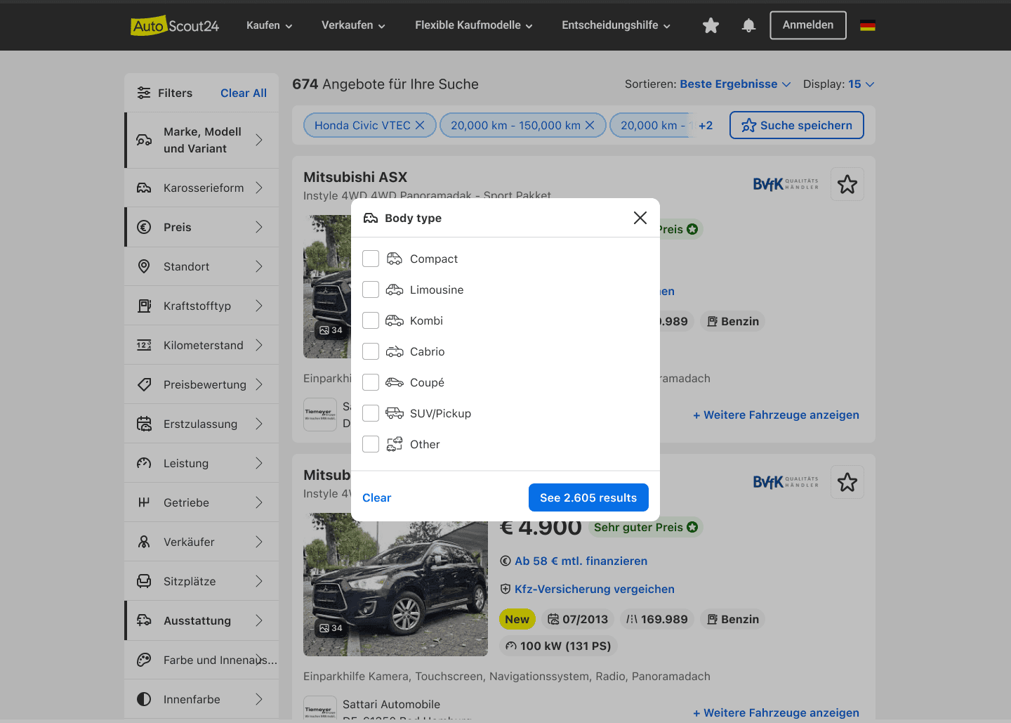 Desktop results page with a focused filter modal open, showing one decision at a time without forcing the buyer to manage the full filter set at once.