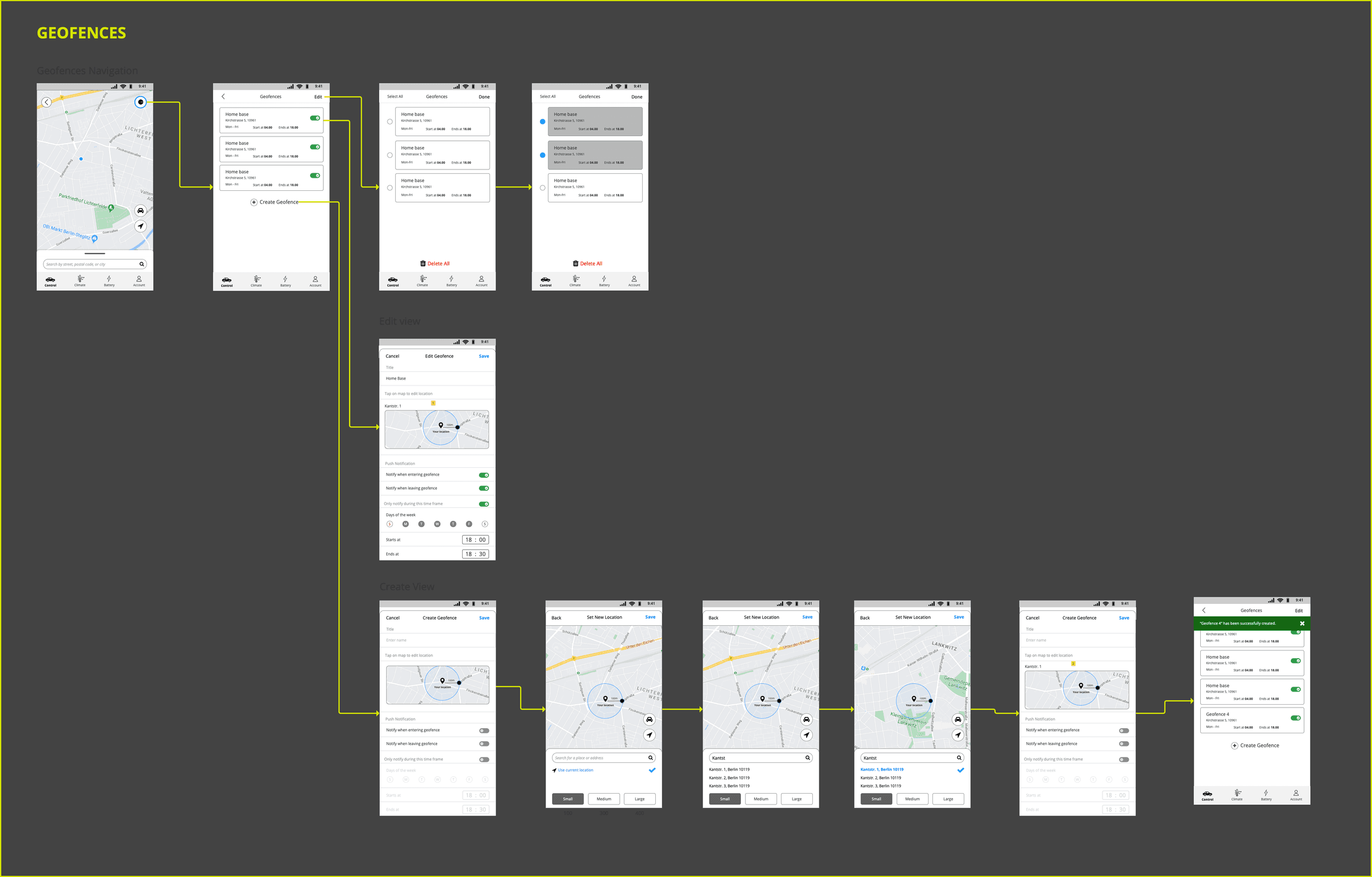 Geofence workspace showing map selection, list management, edit states, notification preferences, and successful geofence creation.