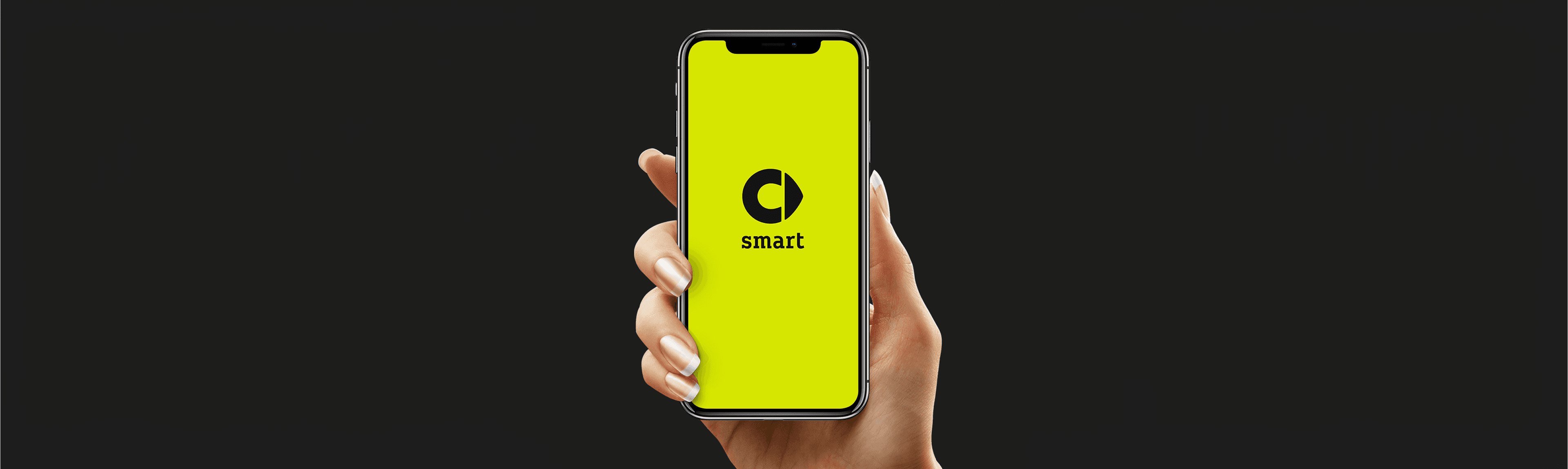 Wide dark hero mockup with a hand holding a phone showing a bright yellow smart splash screen.