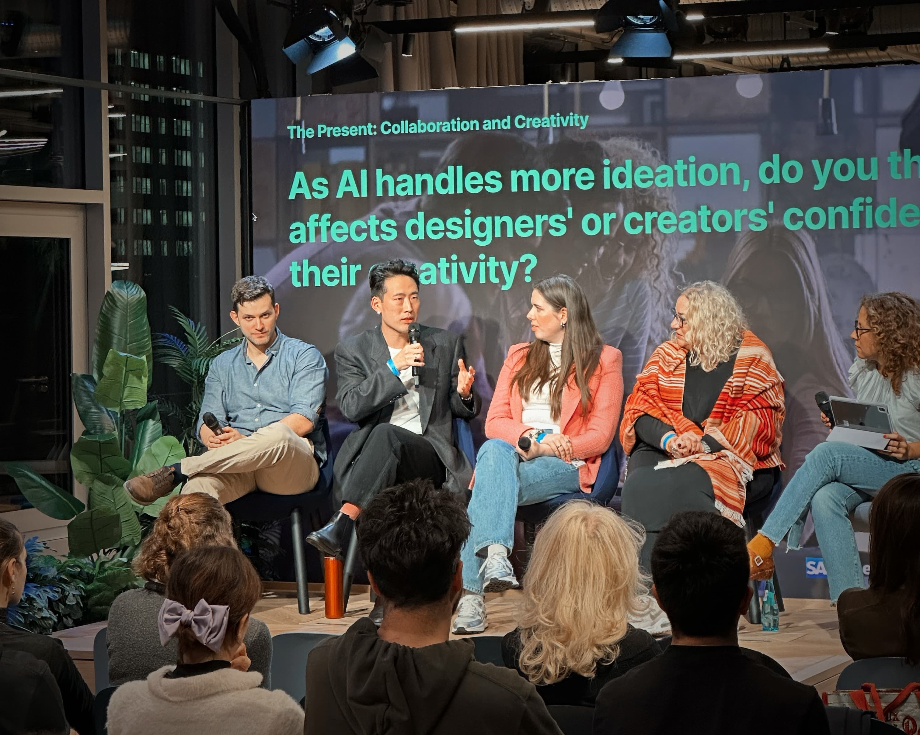 Eddie Kim speaking on a UXDX Berlin panel hosted at SAP about AI, collaboration, and creativity.