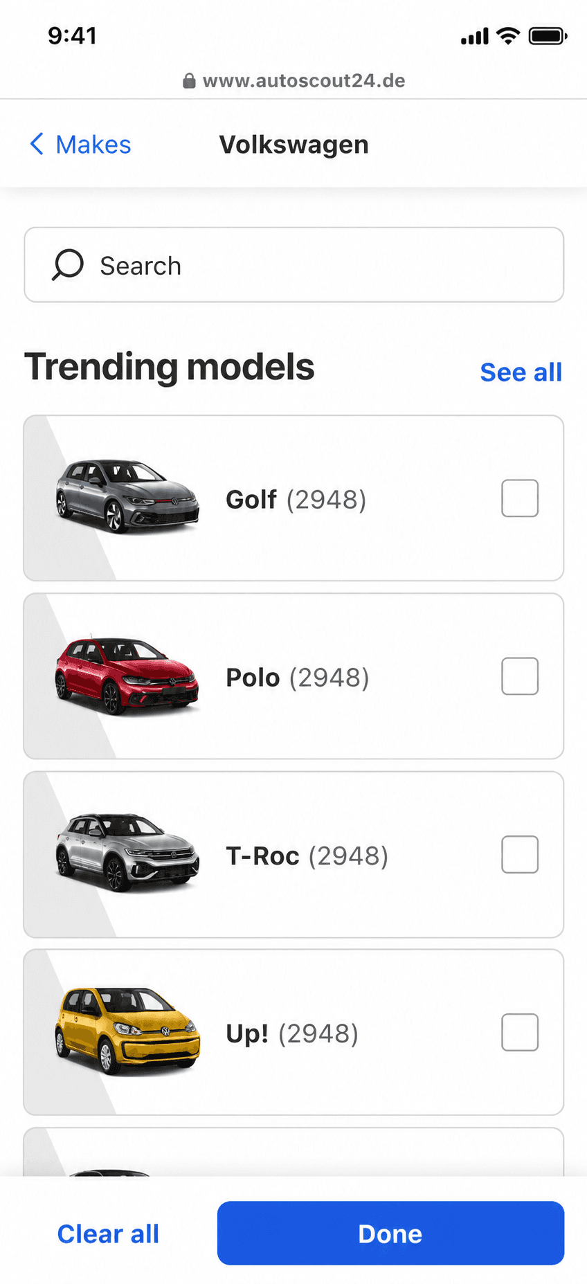 Early Concept24 mobile prototype showing image-led browsing of Volkswagen models.