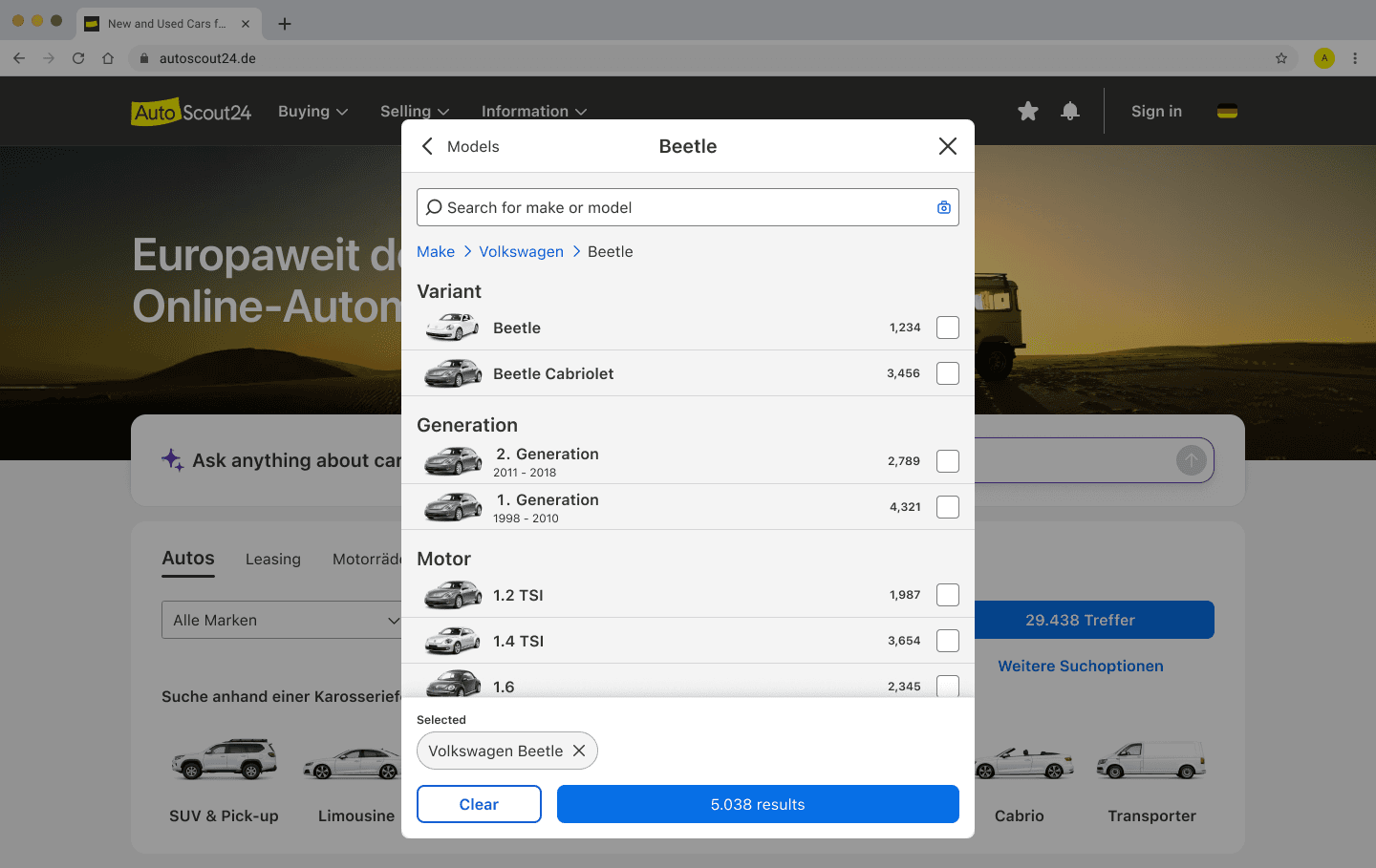 AutoScout24 desktop search page with the New Make & Model modal open over the homepage.