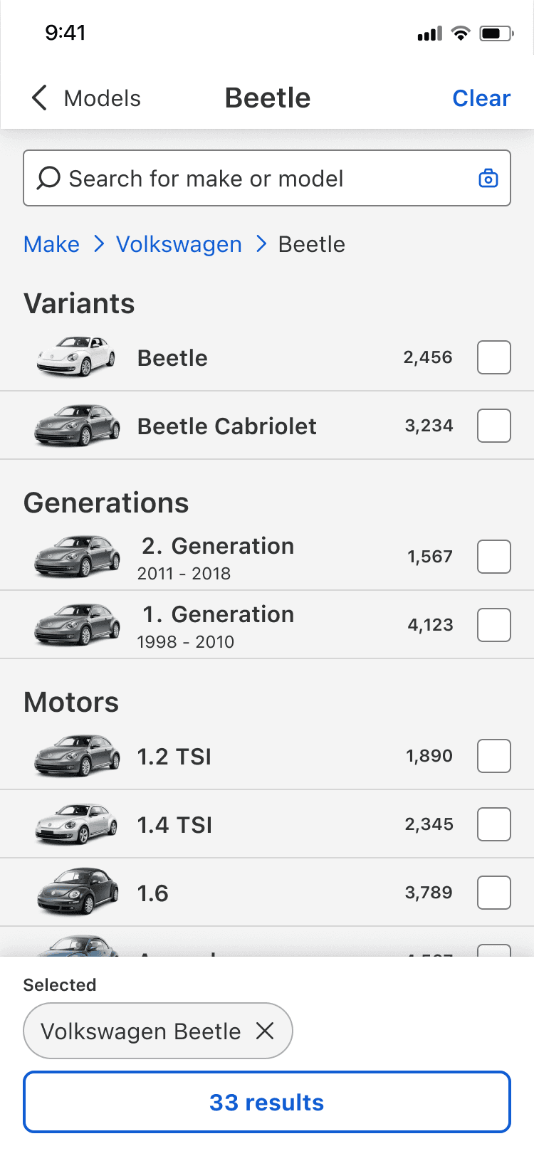 Mobile model screen grouping Volkswagen variants, generations, and motors in one refinement view.