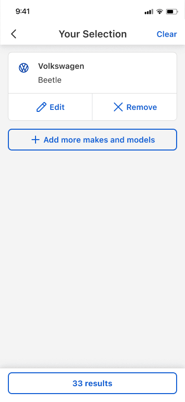 Mobile selection drawer showing a chosen vehicle with controls to edit, remove, or add another vehicle.