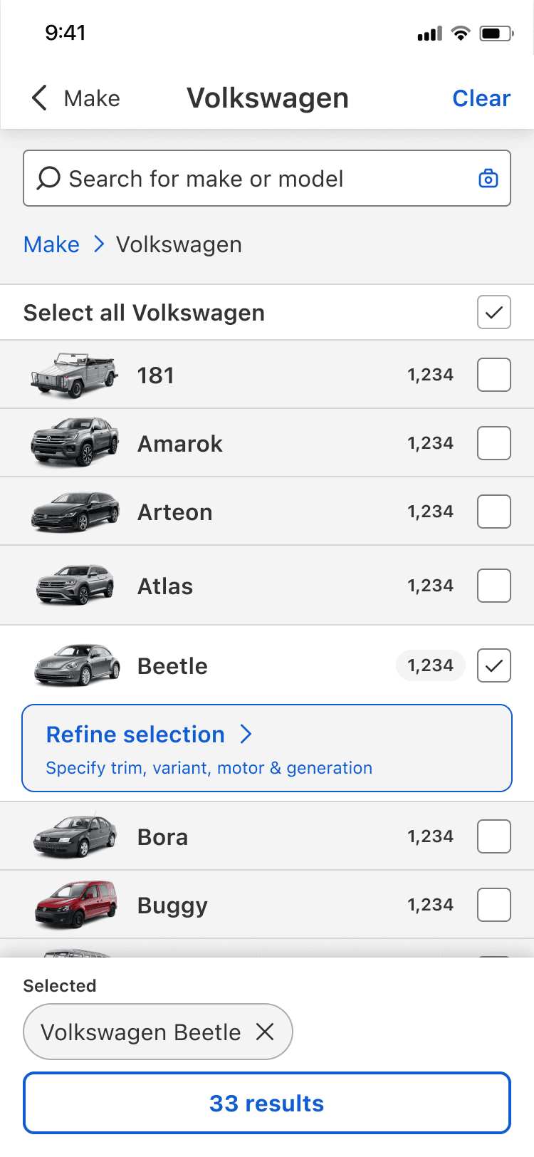 Full-screen mobile model view with search, breadcrumbs, vehicle images, refinement controls, and a visible selection.