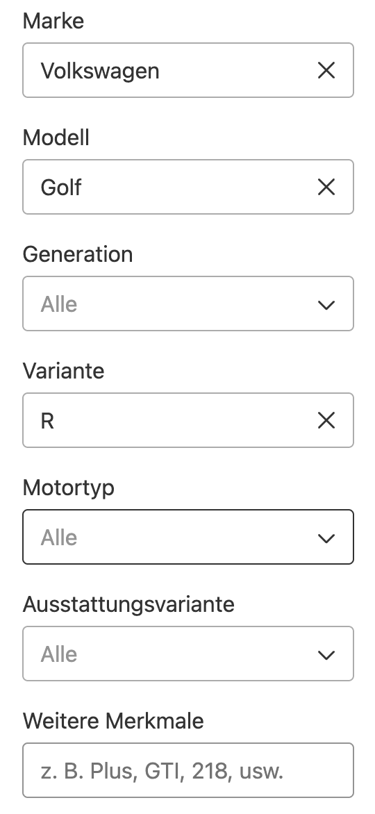 Mobile interface with six separate dropdowns for make, model group, generation, variant, motor, and trim.