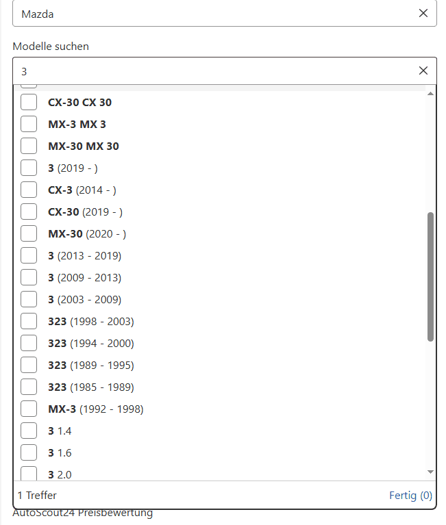 Compact searchable model field filled with long vehicle combinations that are difficult to compare.