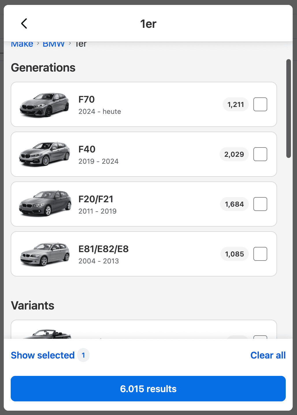 Make and model modal grouping generations, variants, and motors on one screen.